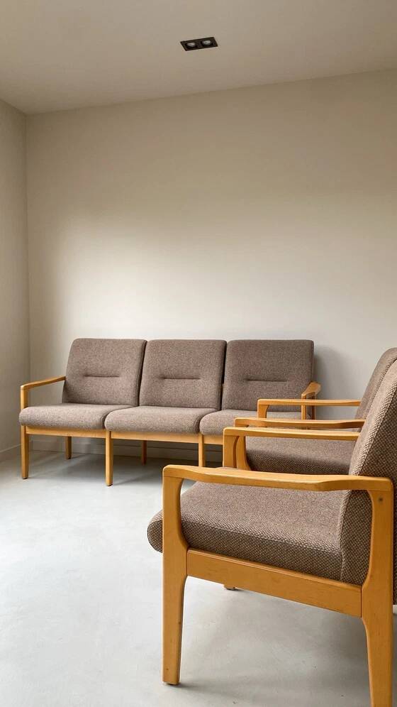 Vintage wooden seating area / sofa and 2 armchairs