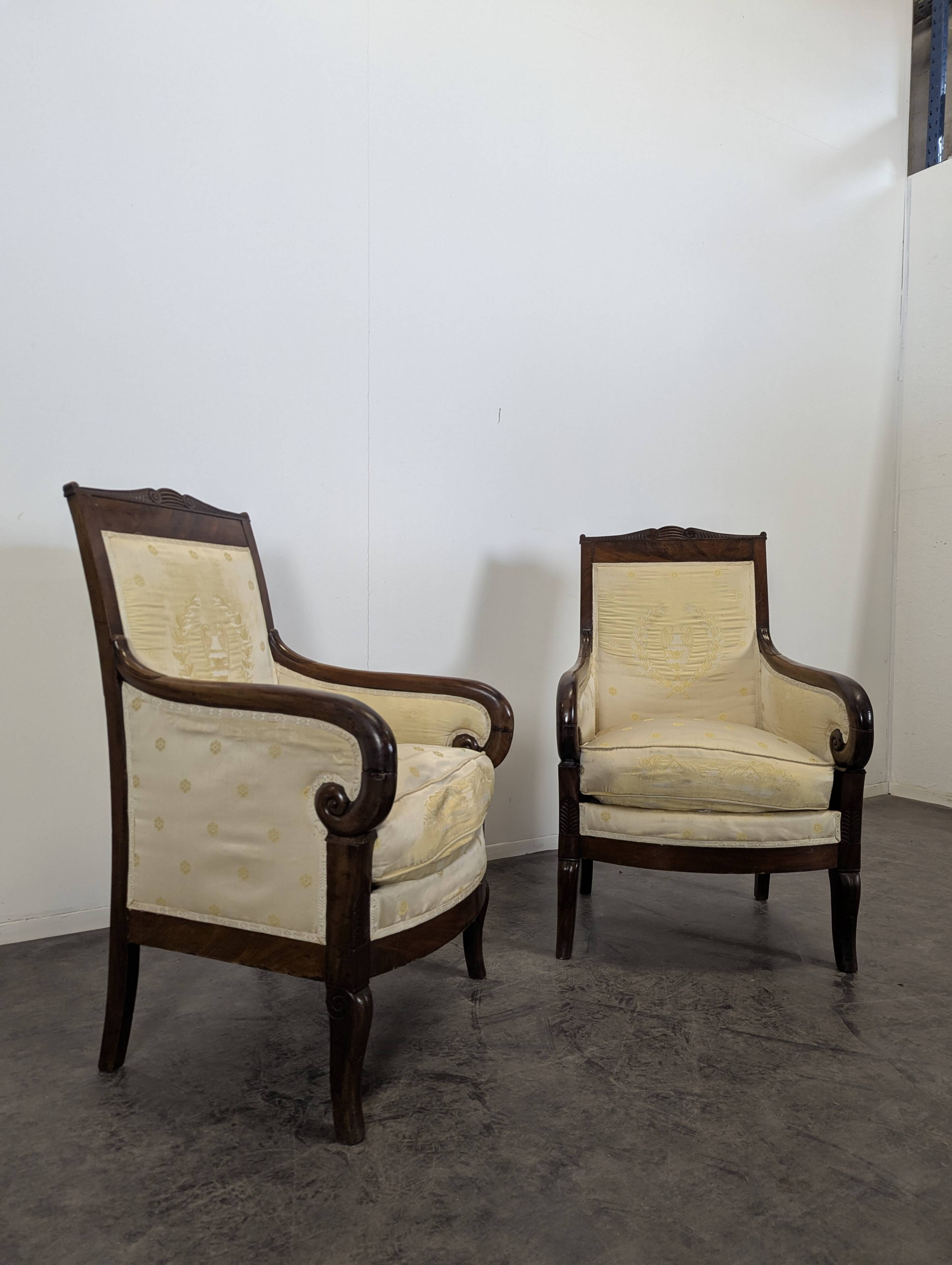 Pair of Restoration period armchairs with cabriole legs.