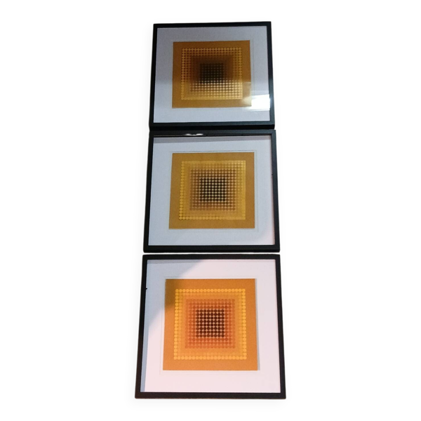 Triptyque Art Optique - 3 Tableaux Vintage - Victor Vasarely - Cadres