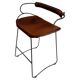 Contemporary organic bar stool with a smoked black metal backrest and cognac leather.