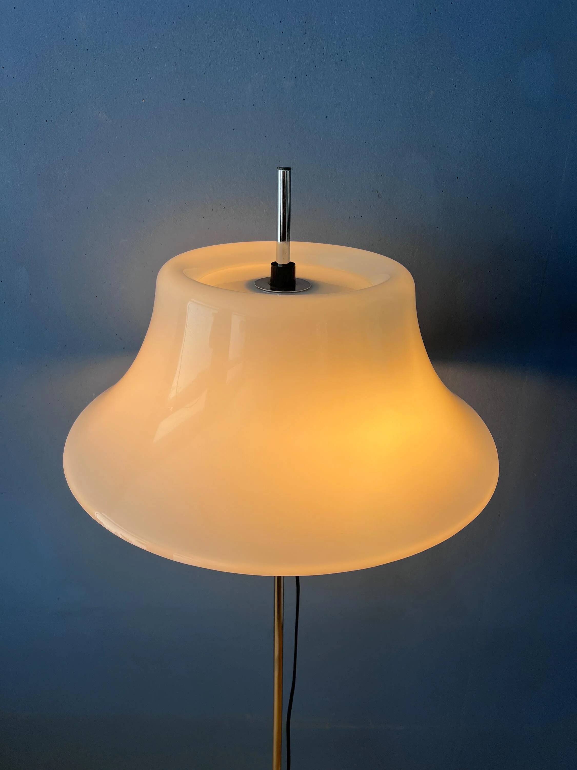 Vintage Space Age floor lamp with white plexiglass UFO shade.