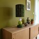 Green totem lamp, vintage afro-pop psychedelic lampshade.