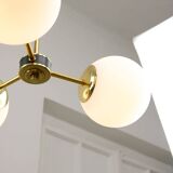Mid-Century Modern Italian Chandelier in Brass and Opaline Glass, 1960s