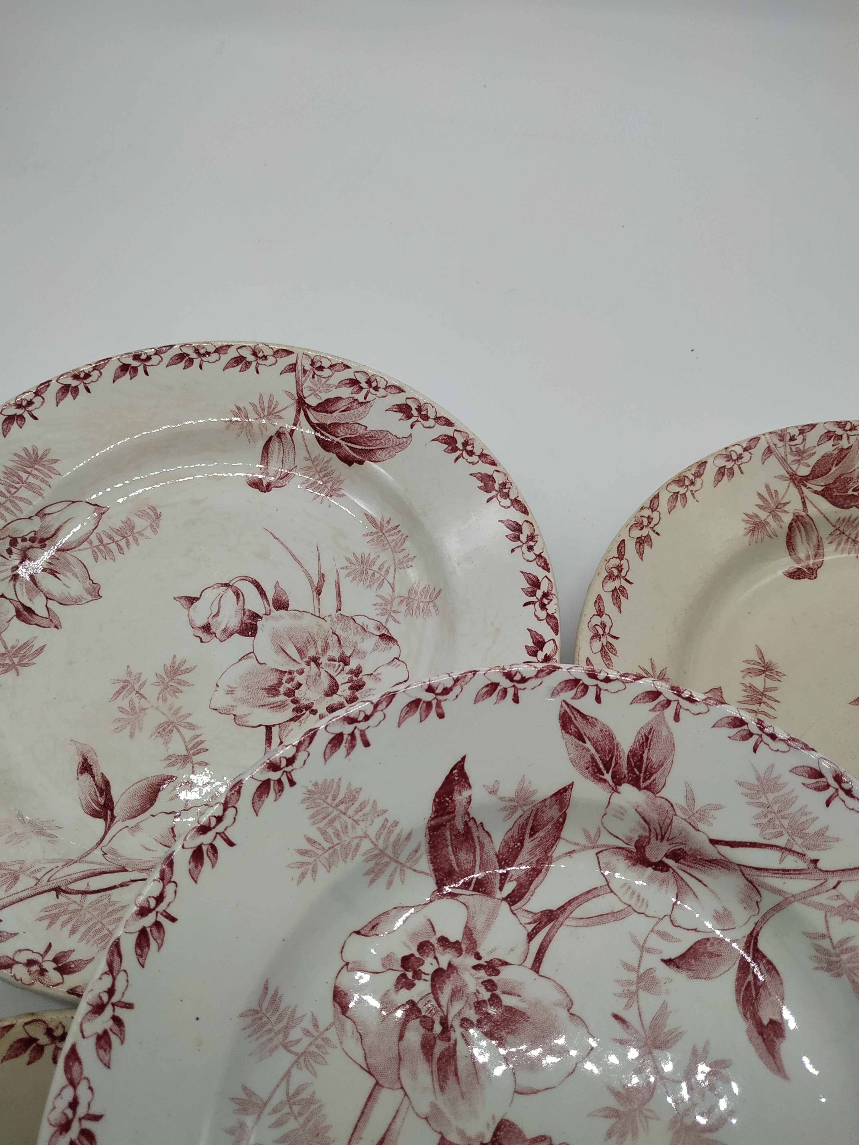 Set of 5 vintage flat plates decorated with pink flowers