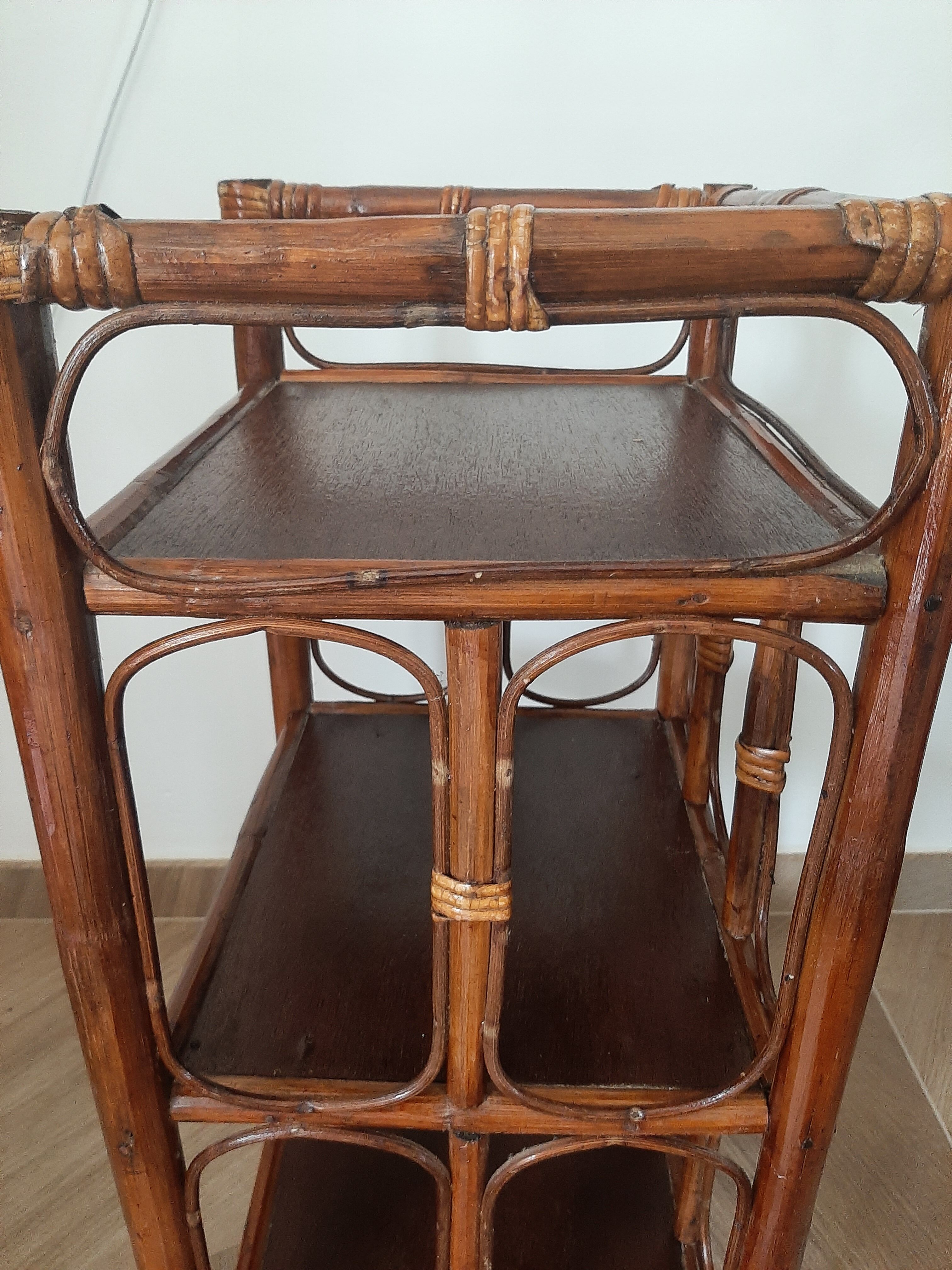 Vintage - set of 2 shelves of wooden floor, bamboo and rattan - 3 levels- retro 80s