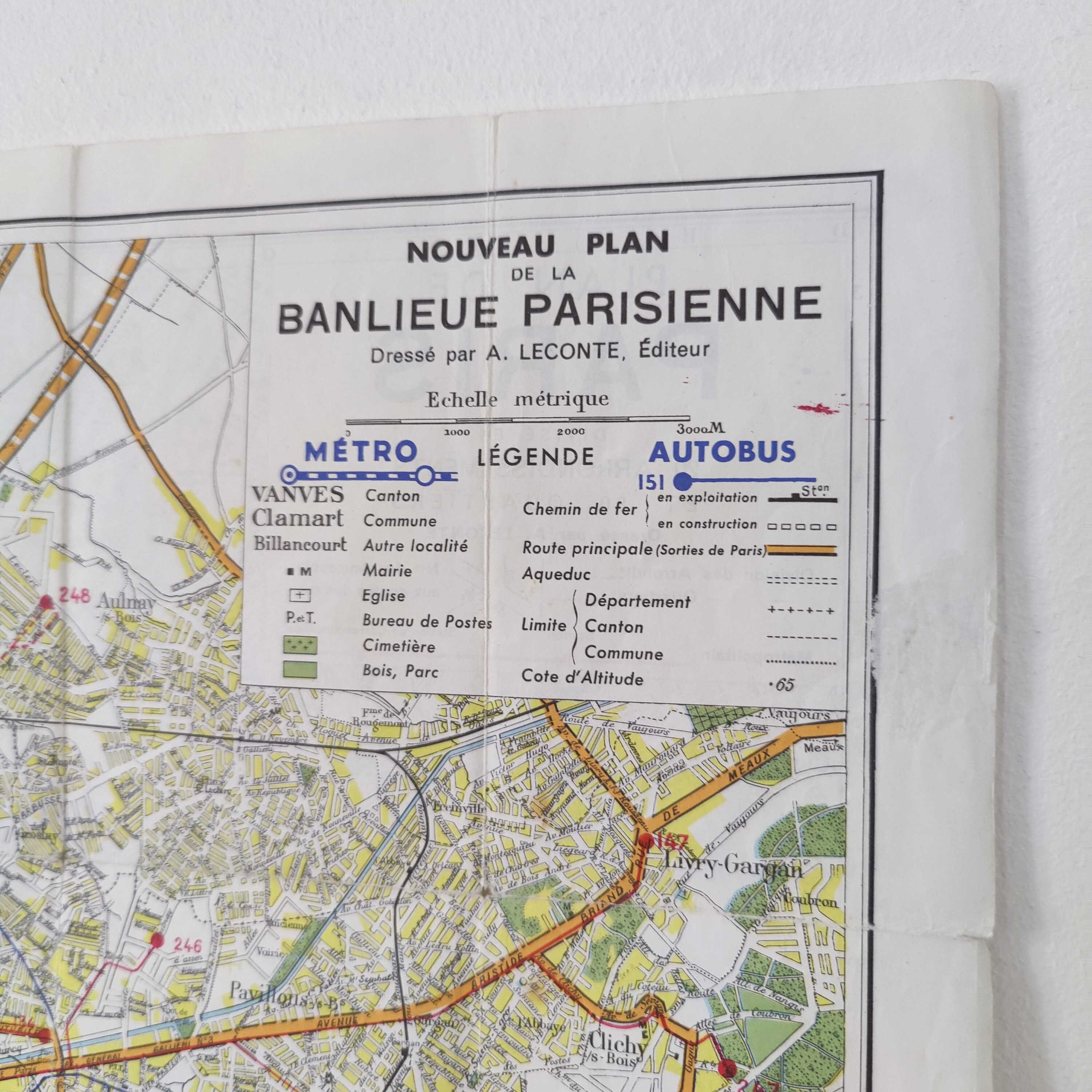 Vintage map 1970 Paris and its suburbs 75x55cm duplex