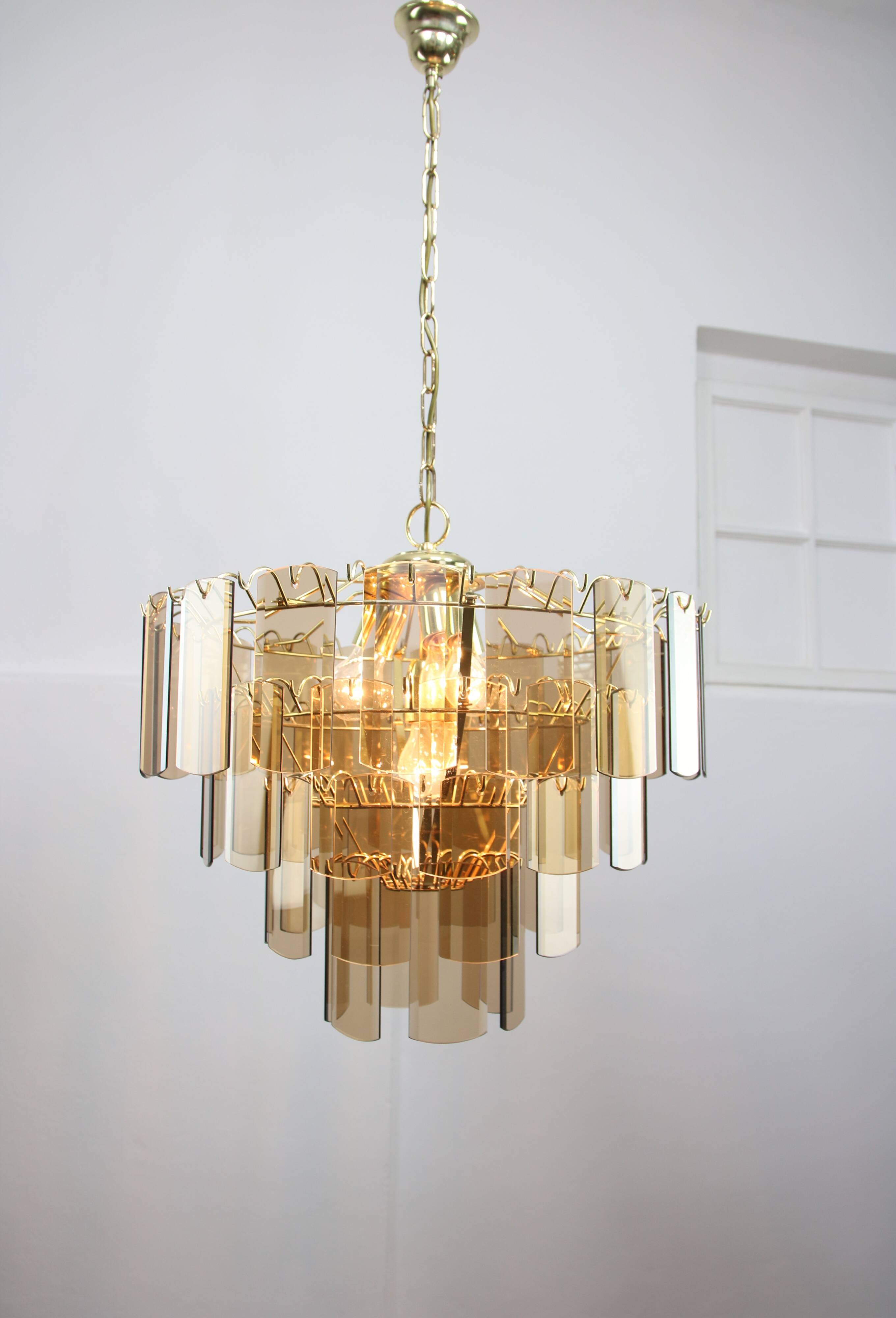 Vintage Veca Chandelier: Italian 1970s Smoked Glass & Brass Pendant Lamp