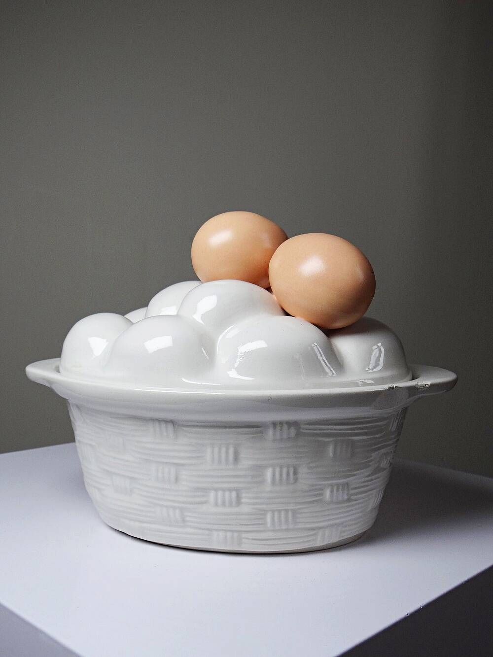 Vintage trompe-l’œil terrine with eggs in white earthenware, 1960s-1980s
