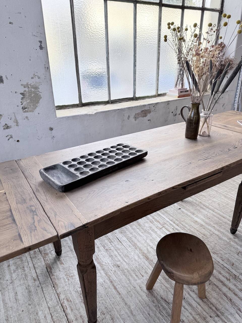 Solid oak farmhouse table with integrated extensions 1950