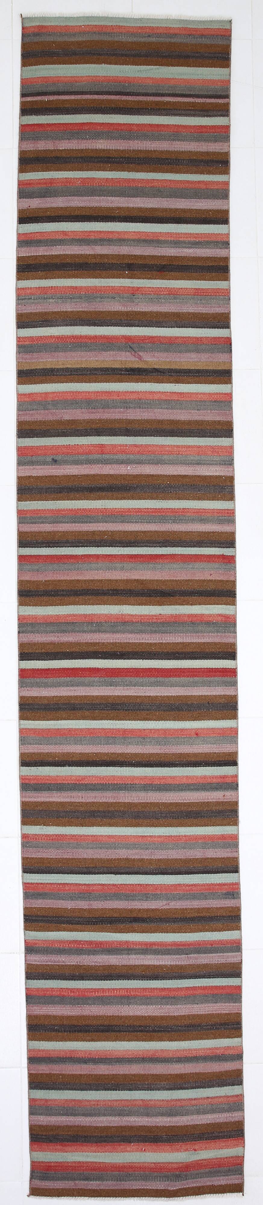 Tapis couloir artisanal, look bohème, couleurs pastel délavées, 415x70Cm