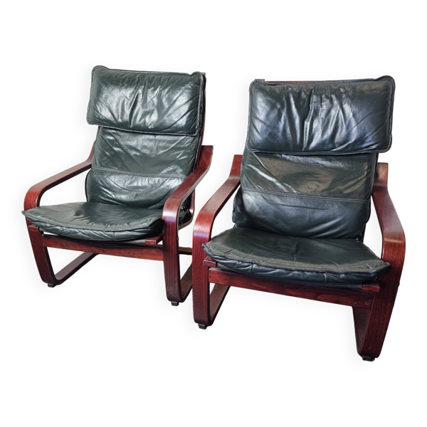 Paire de fauteuils scandinave en cuir et bois courbé