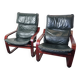 Pair of Scandinavian armchairs in leather and curved wood