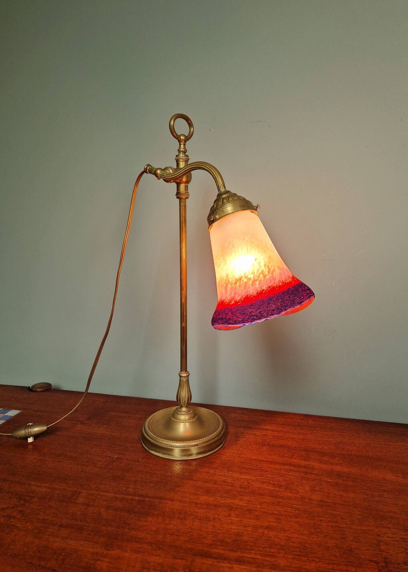 Art Deco desk lamp in brass and satin glass, 1920s-30s