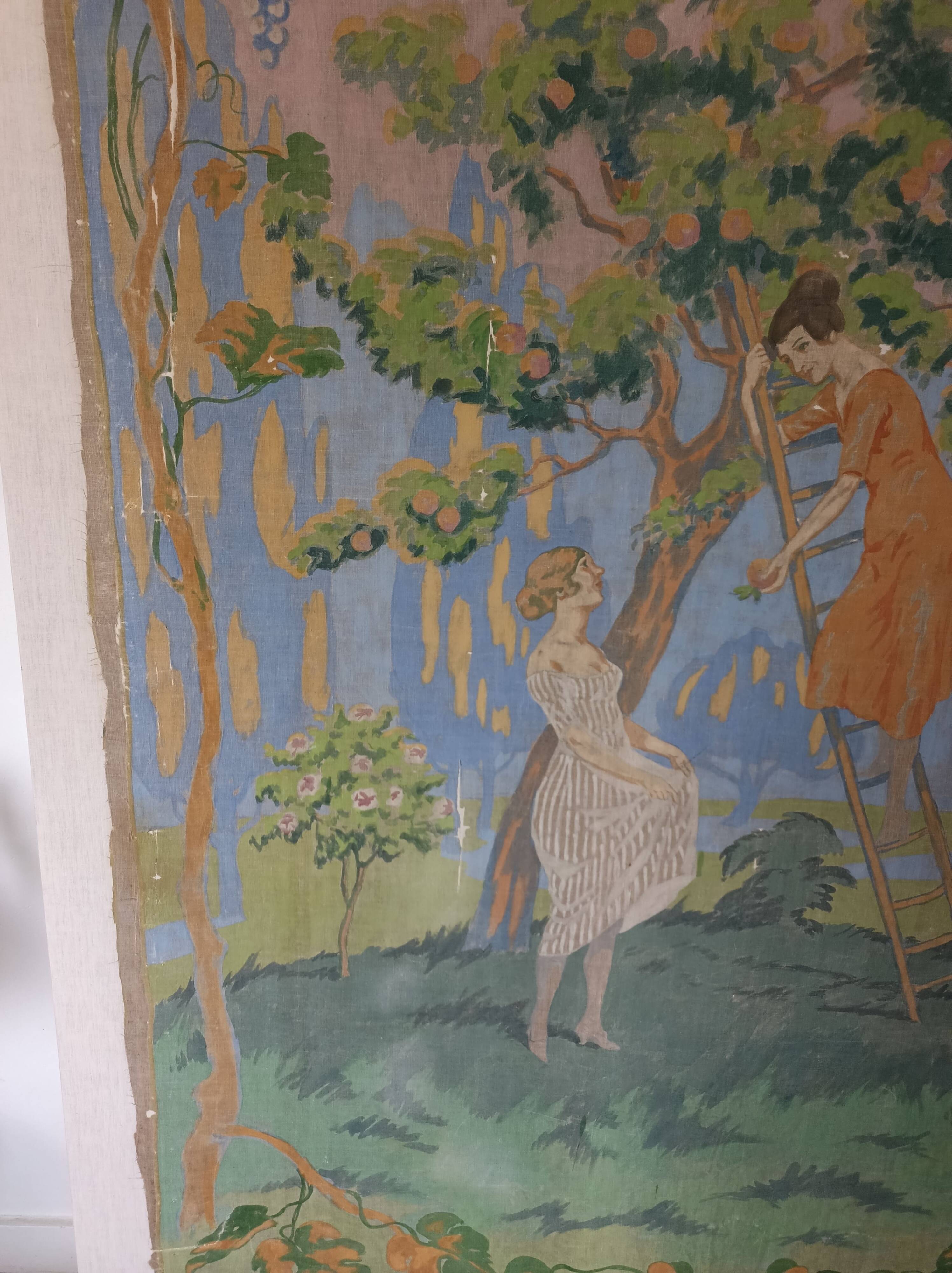 Large painting on canvas from the 20th century mounted on a frame - rural scene.