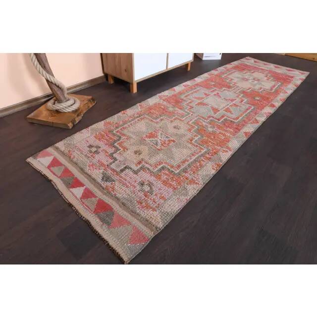 1970s Vintage Turkish Hand-Knotted Wool Cotton Red Runner Rug 90x307