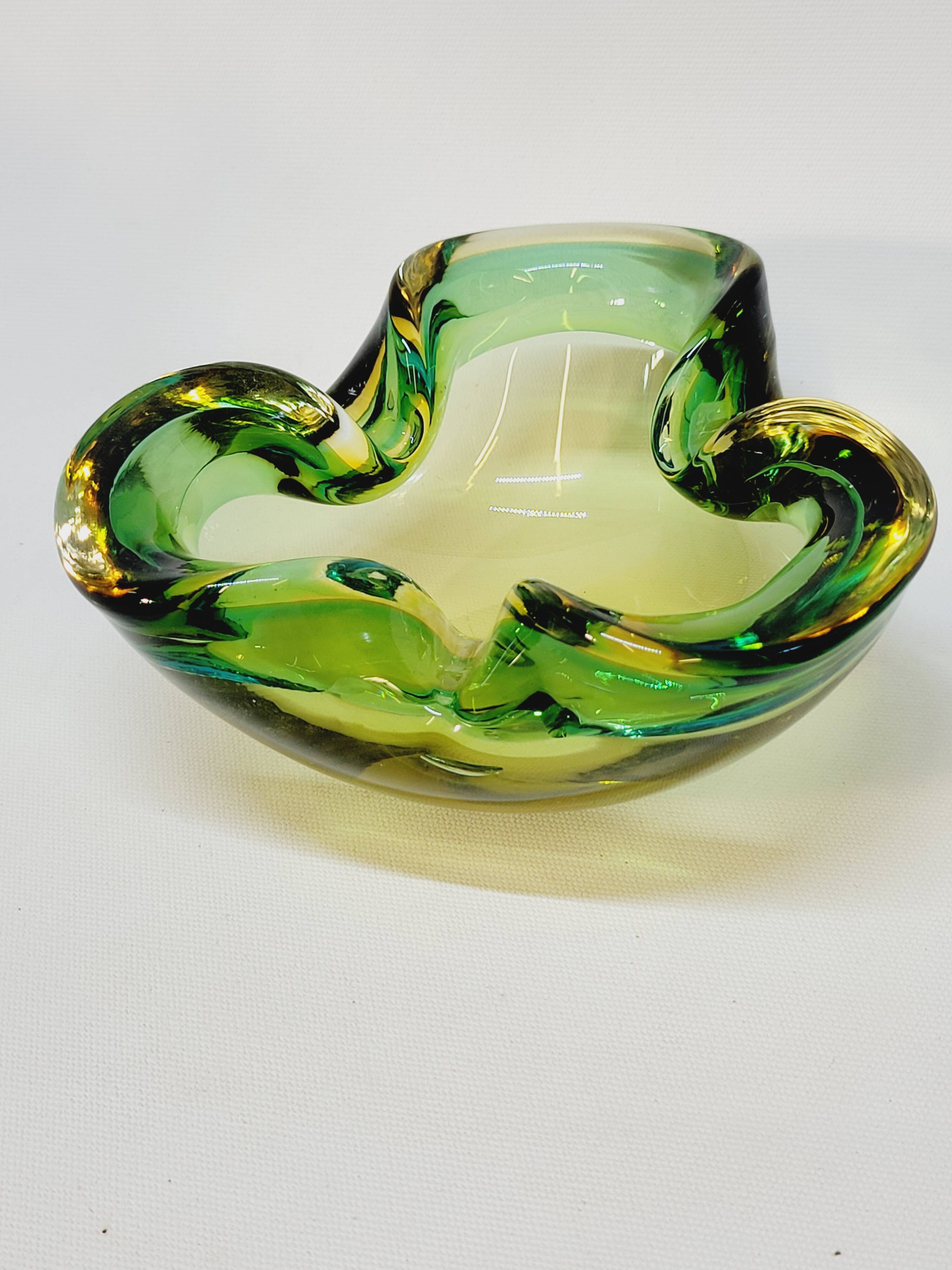 Empty Pocket Cup Ashtray Vintage Murano Glass Sommerso Green and Yellow