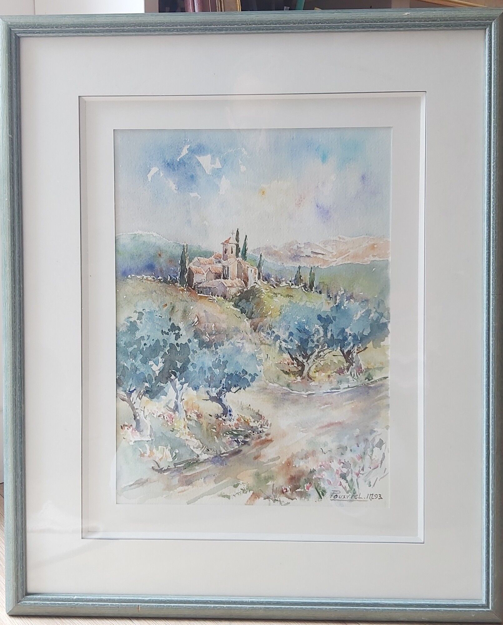 Watercolor framed under glass by Maurice Pouxviel - 1993