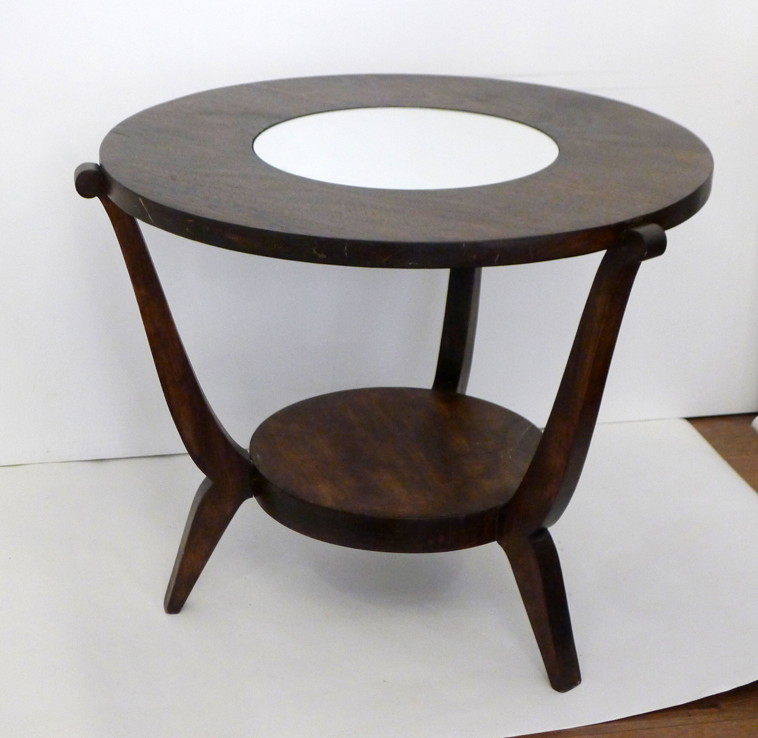 Table basse ronde Art Déco bois foncé & miroir