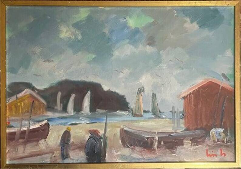 Original Swedish Oil on Canvas – “Coastal Village” by Eric Lo – Signed – Vintage & Framed
