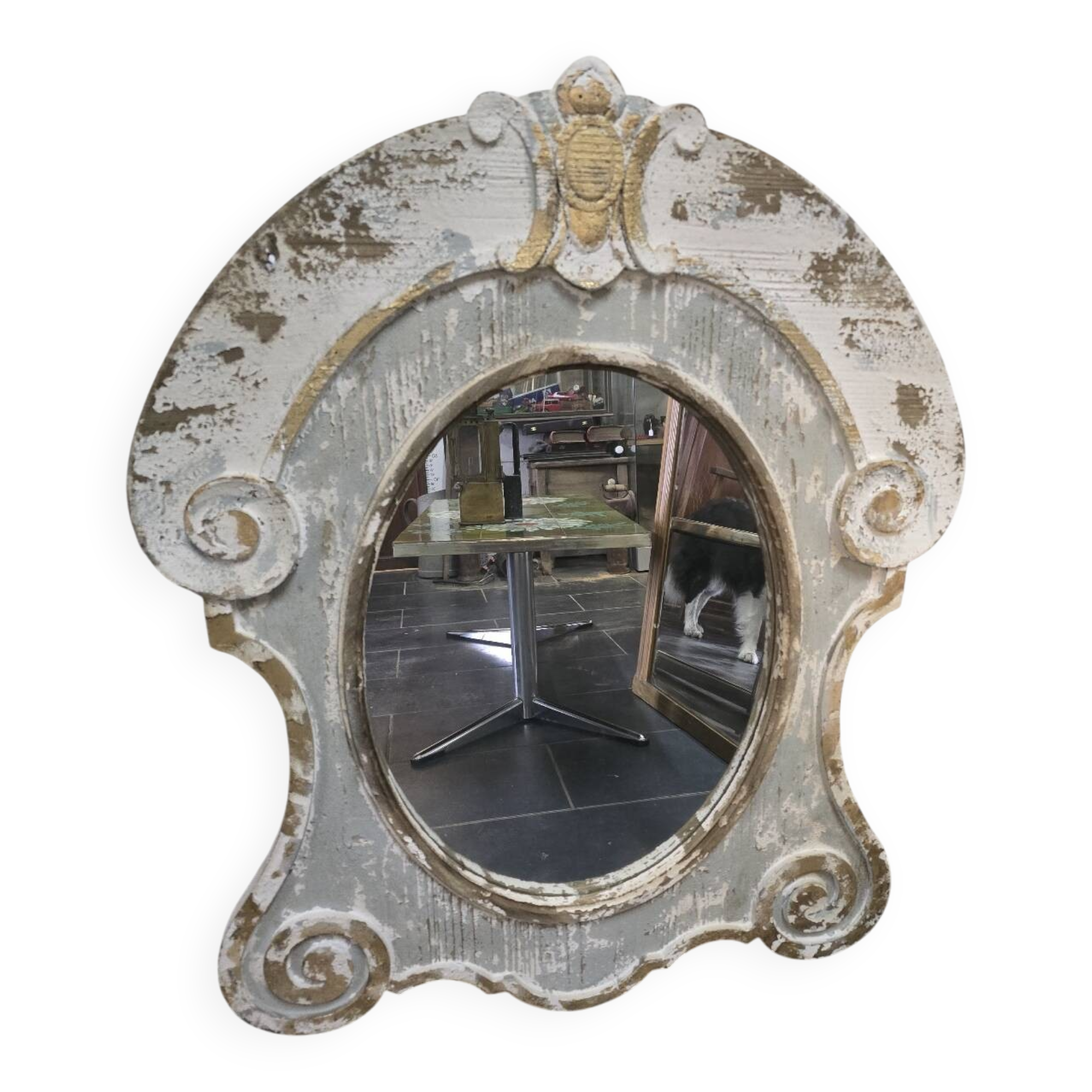 Miroir œil de boeuf en bois patiné