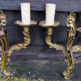Petite pair of vintage French bronze brass mix 2 arm wall lights sconces revamp rewire