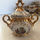 Gold Italian porcelain service. Coffee cups - sugar - cream pot / Gallant scene