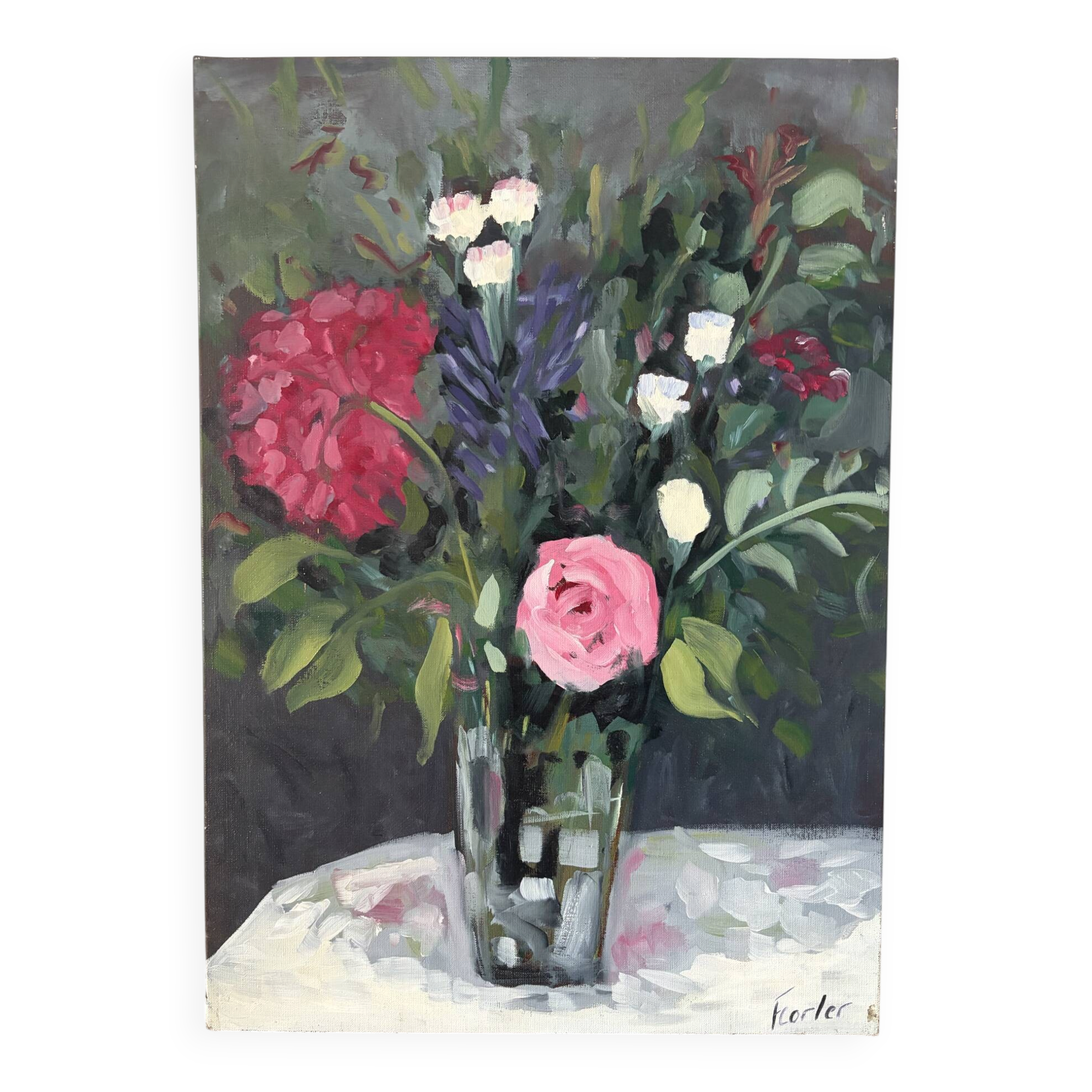 Bouquet on a table, oil on canvas signed F Corler