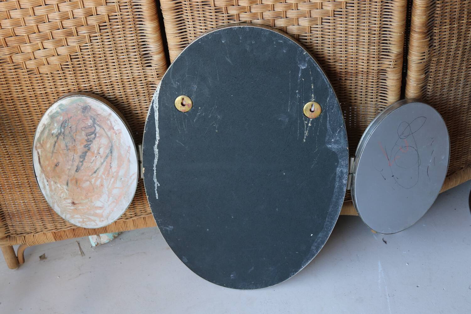 Vintage triptych mirror from a 1950s dressing table in nickel-plated silver.