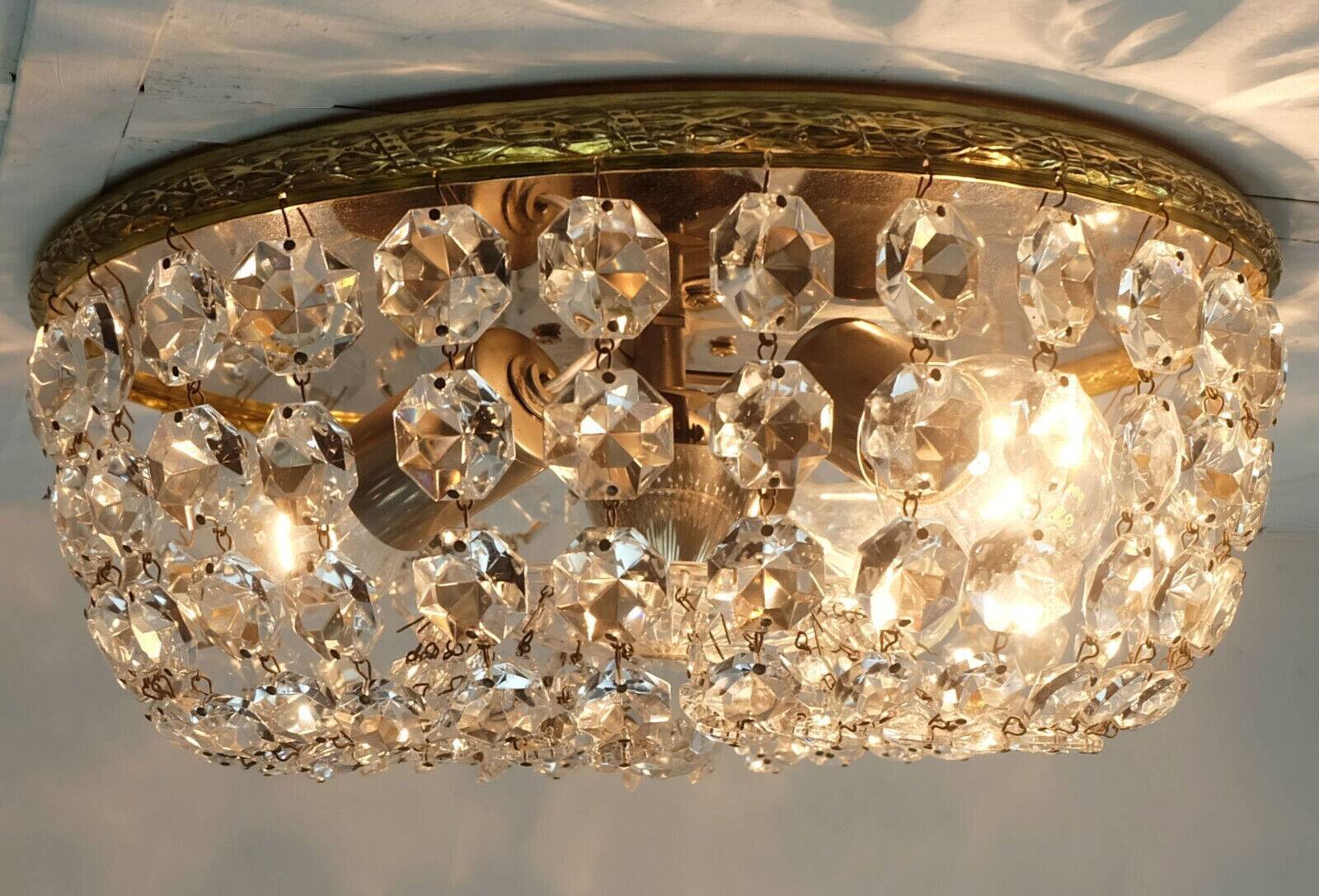 Crystal glass ceiling light plafoniere brass metal 60s hollywood regency style