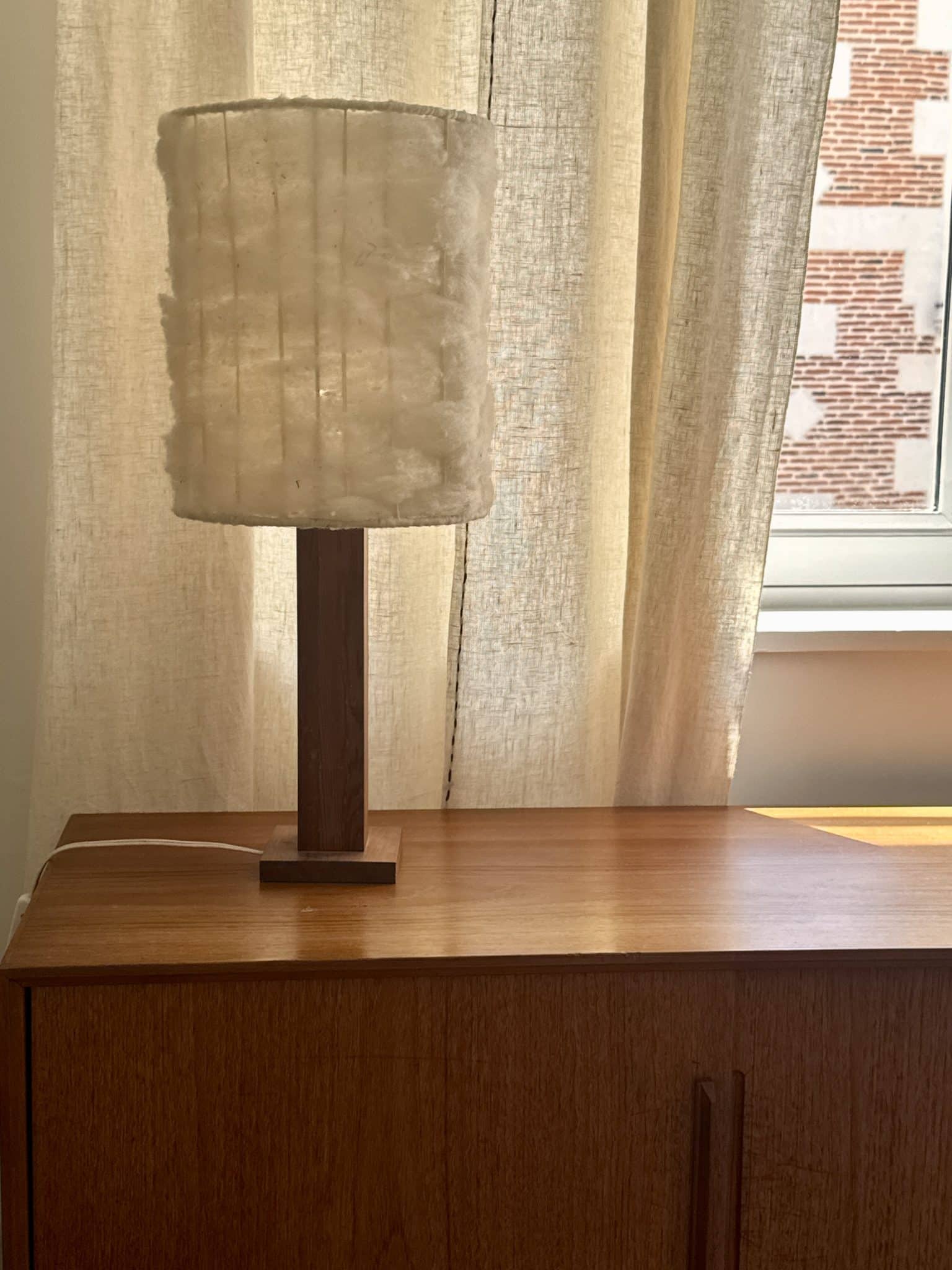 Vintage lamp made of wood and wool, 1970s.