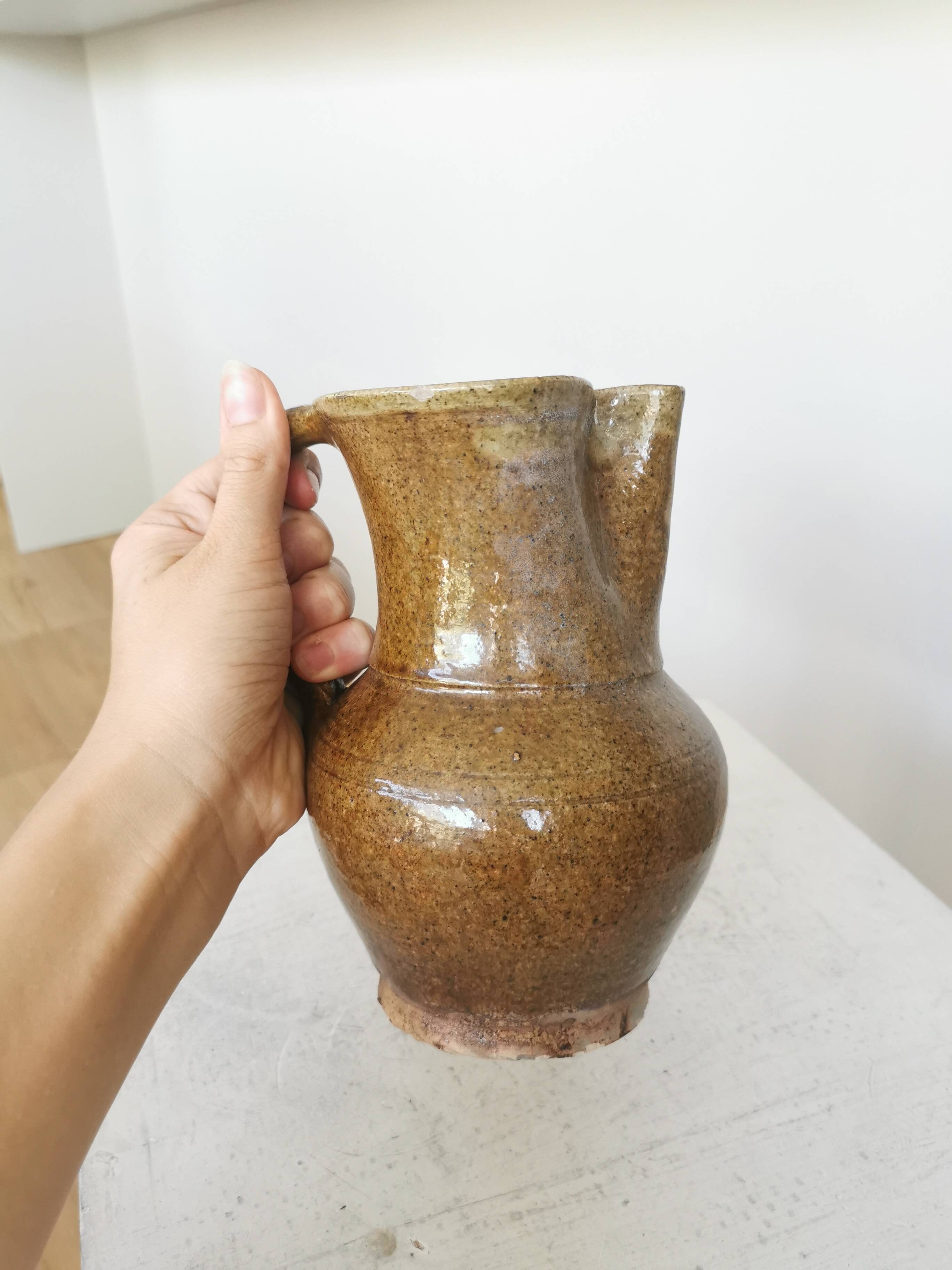 Vintage Studio Pottery Owl Pitcher: Speckled Glaze Stoneware Vase