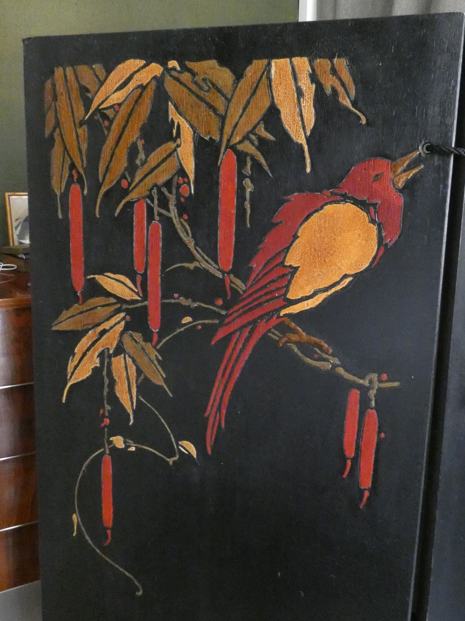Art Deco lacquer screen with polychrome decoration of fishing martins circa 1930