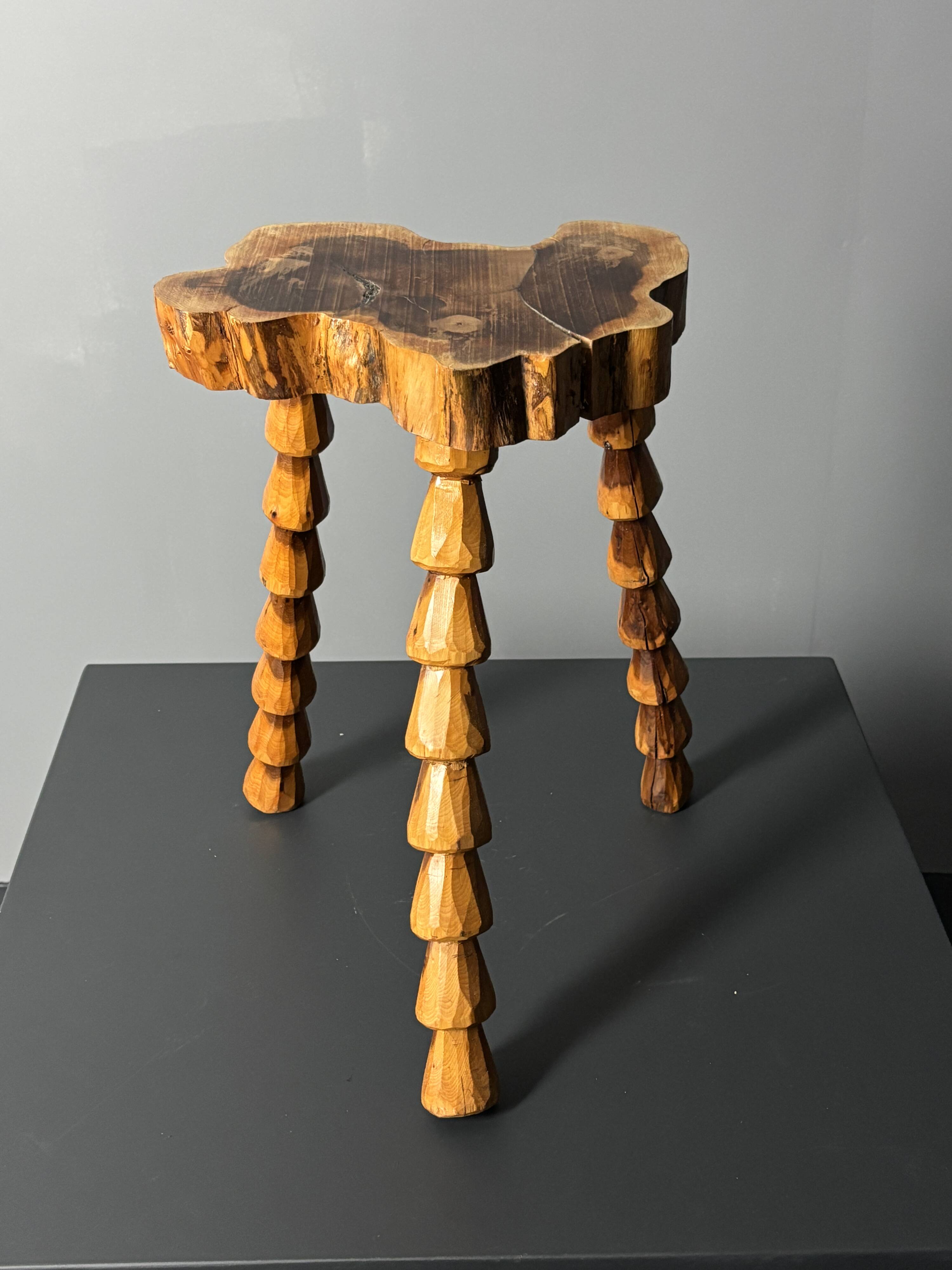 Midcentury brutalist artisanal wood turned handmade tripod stool, ca 1960s