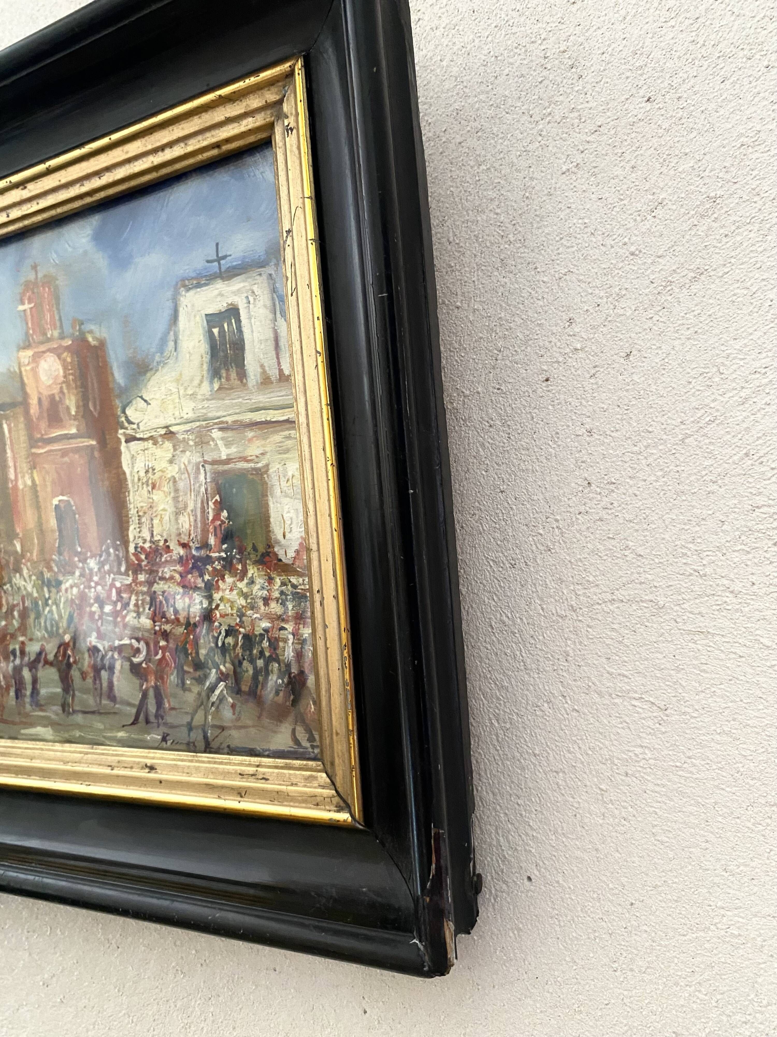 Oil painting "Sicilian Feast" in glass, 19th-century wooden frame.