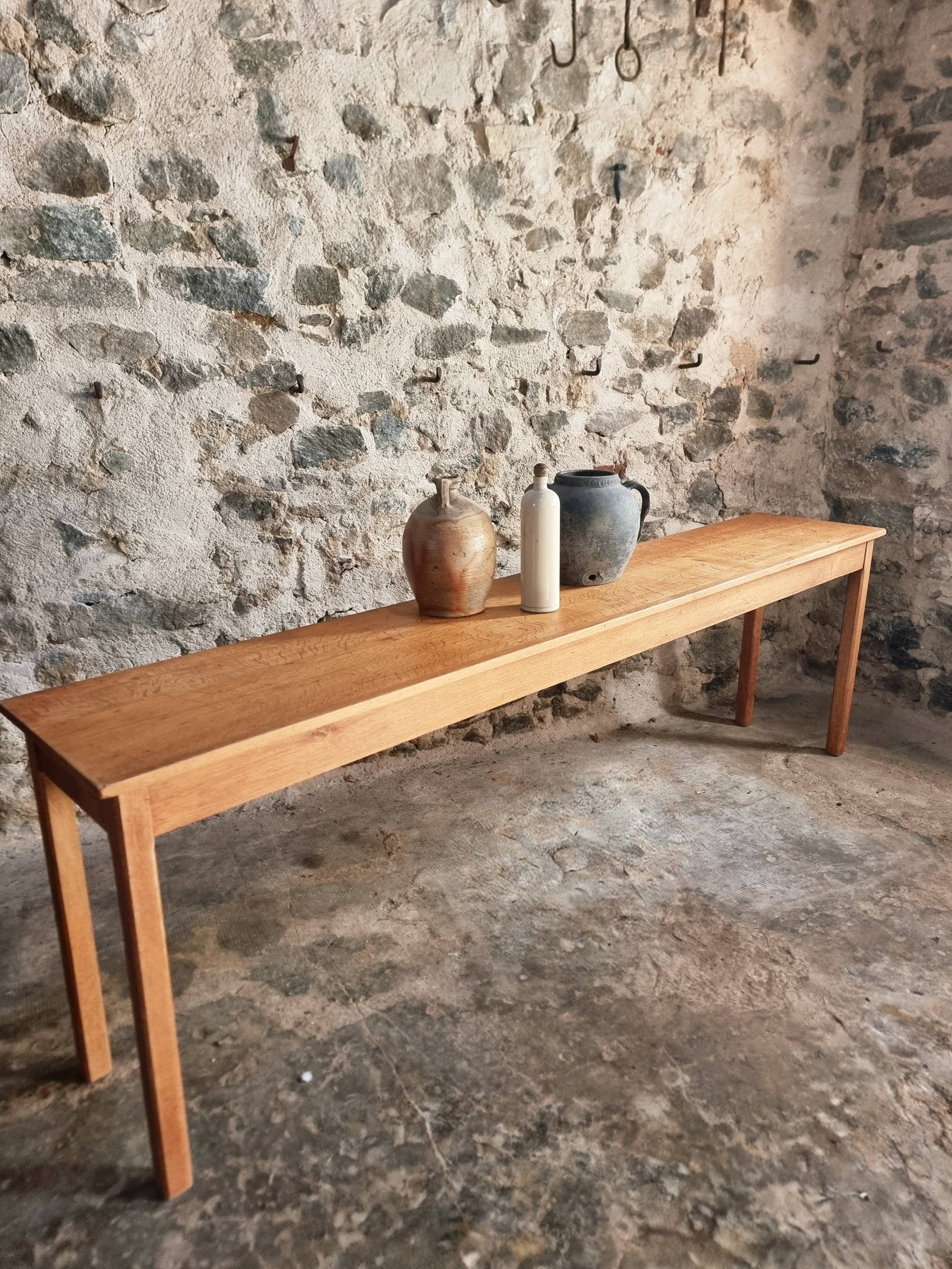 Old French oak console – Long and narrow farmhouse table 241 cm – Vichy hospital workshop from the 1950s