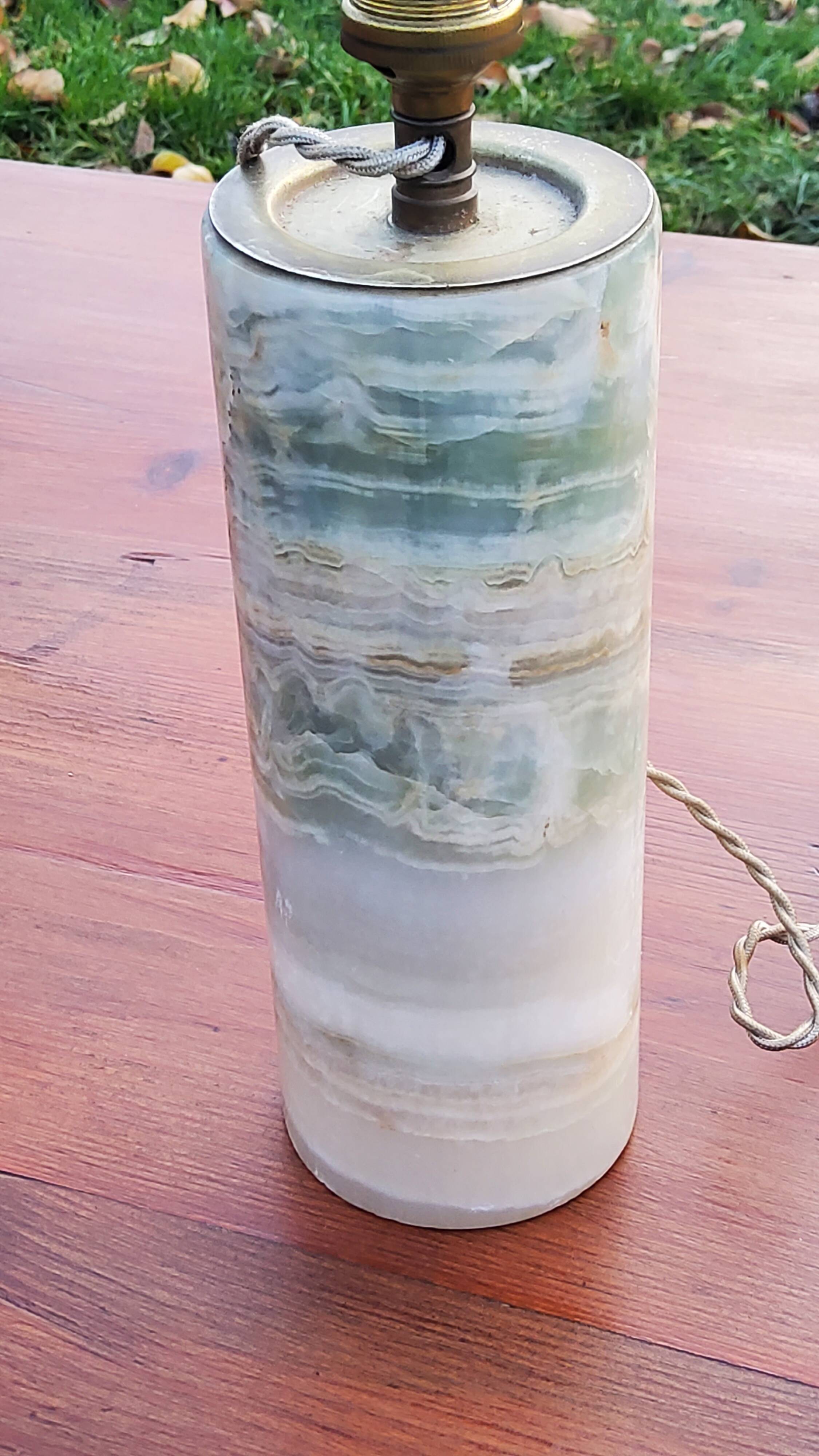 Designer lamp from the 70s in almond green onyx with original fabric shade