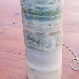 Designer lamp from the 70s in almond green onyx with original fabric shade