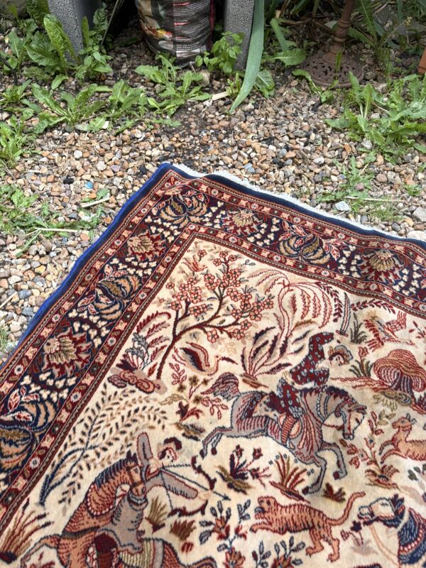 Tapis persan ispahan fait main scène chasse royale laine coton 160x110cm