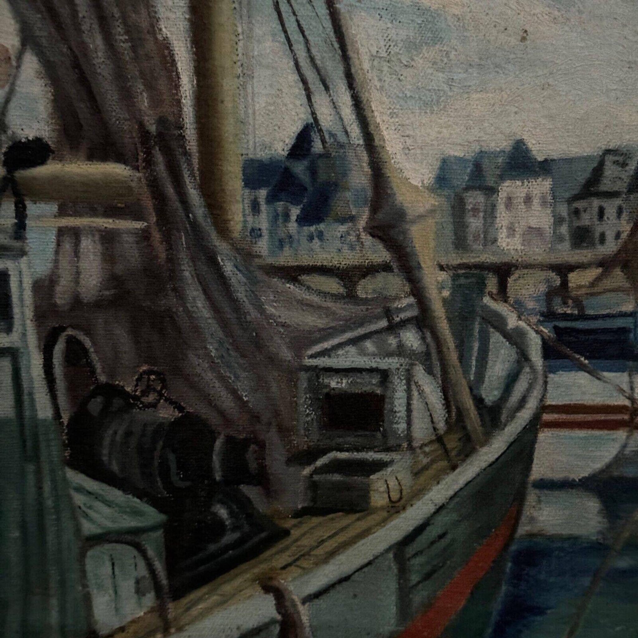 Oil on canvas fishing boats at the quayside 1956