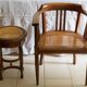 Antique armchair and stool with caned seat and fluted legs