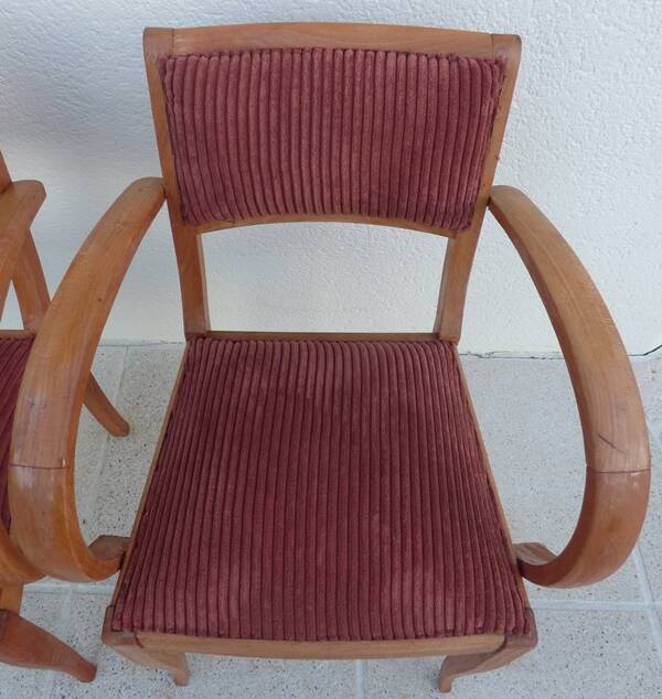 2 Chic 50s Bridge Armchairs Completely Refurbished in Solid Wood with Rust Velvet Seat