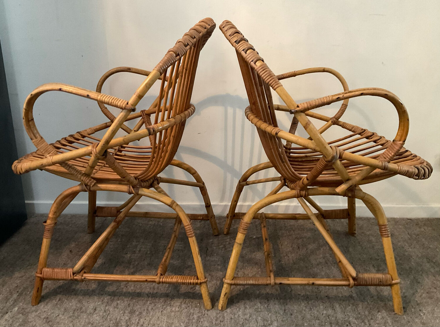 Pair of rattan shell armchairs 60s