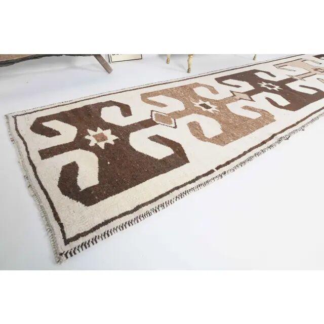 Vintage Turkish Oushak Handmade Wool Cotton White Runner Rug 99x390