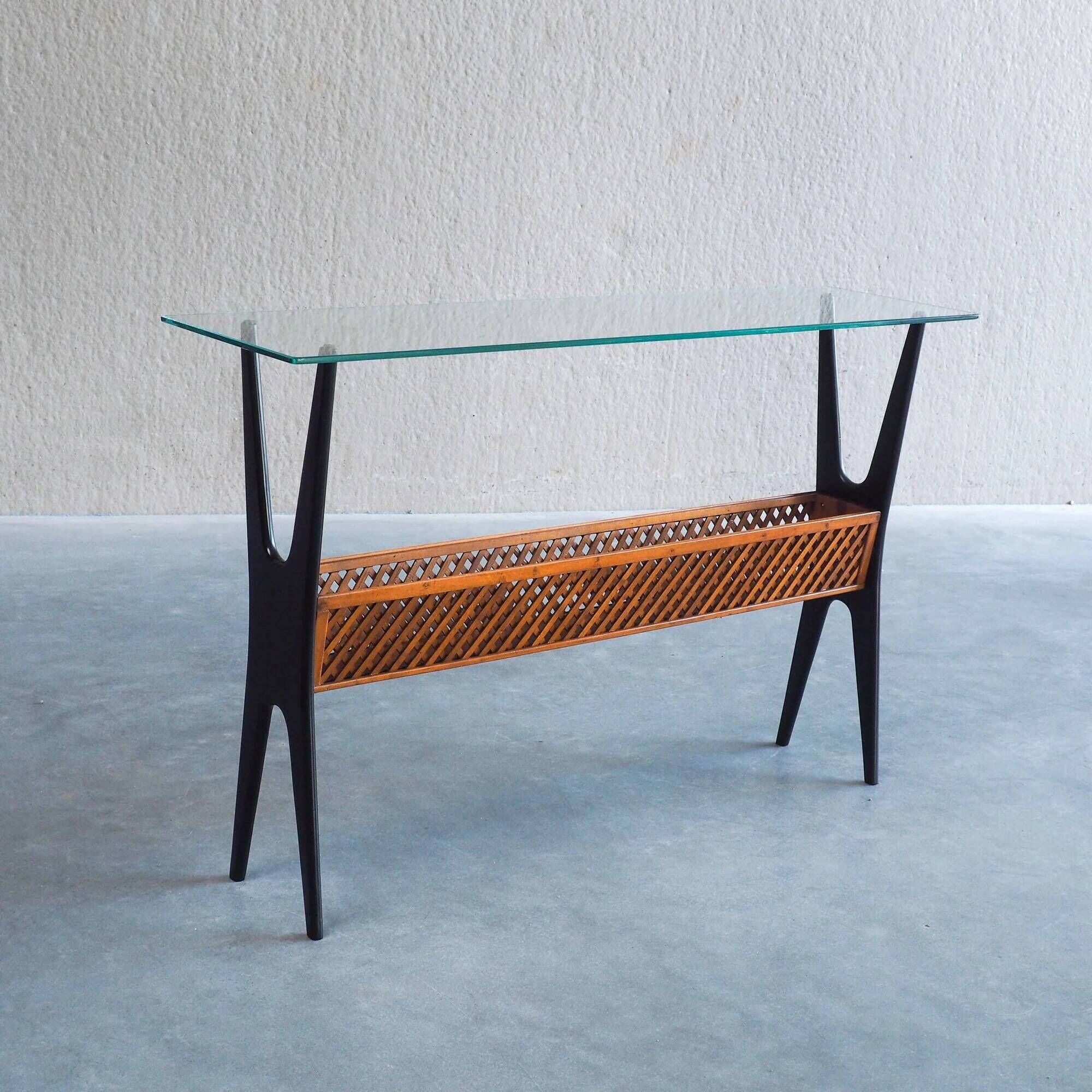 1950s Italian ebonized console table with glass top & lattice basket