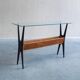 1950s Italian ebonized console table with glass top & lattice basket