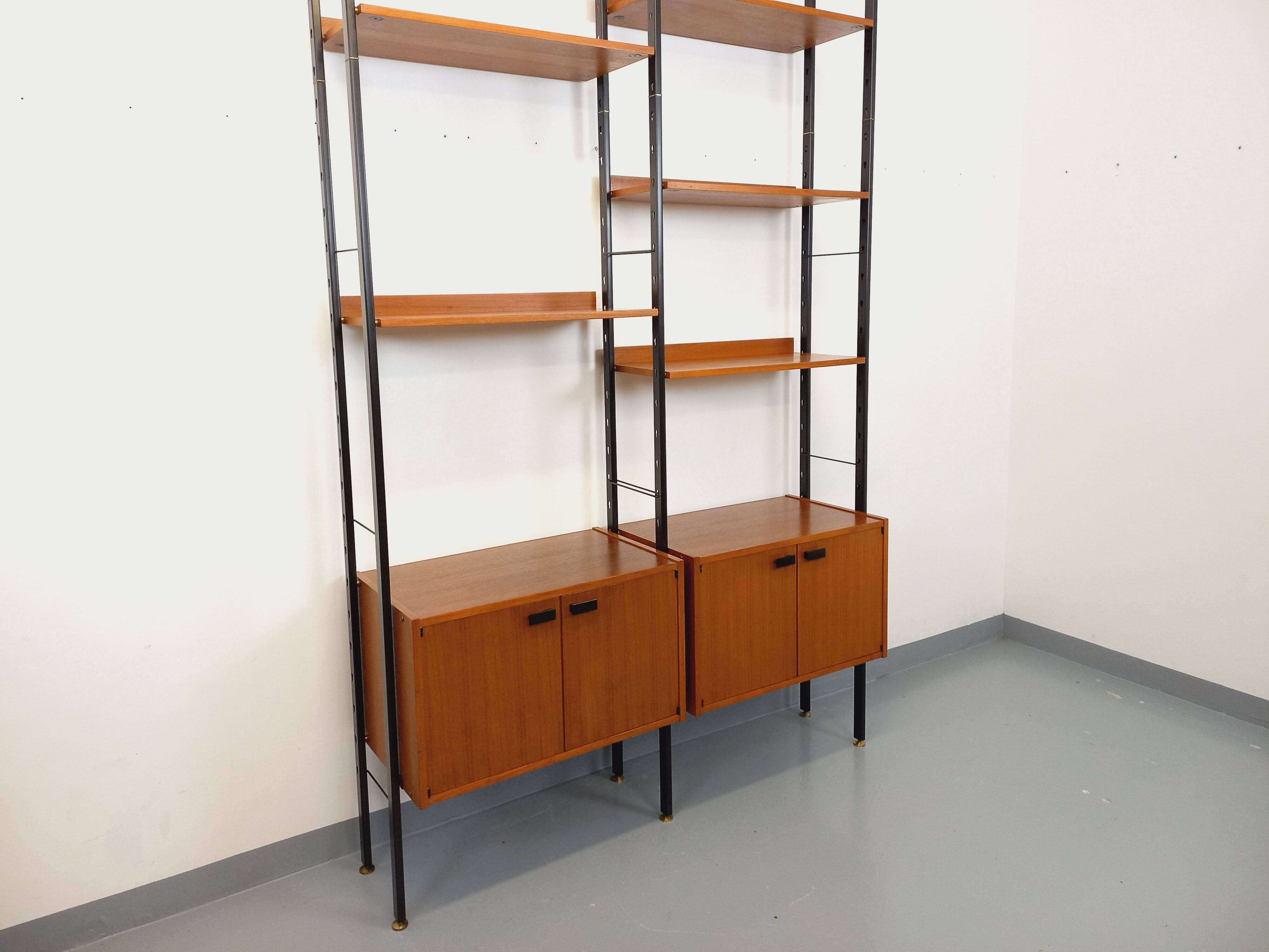 Vintage Italian double modular shelf bookcase in teak and metal