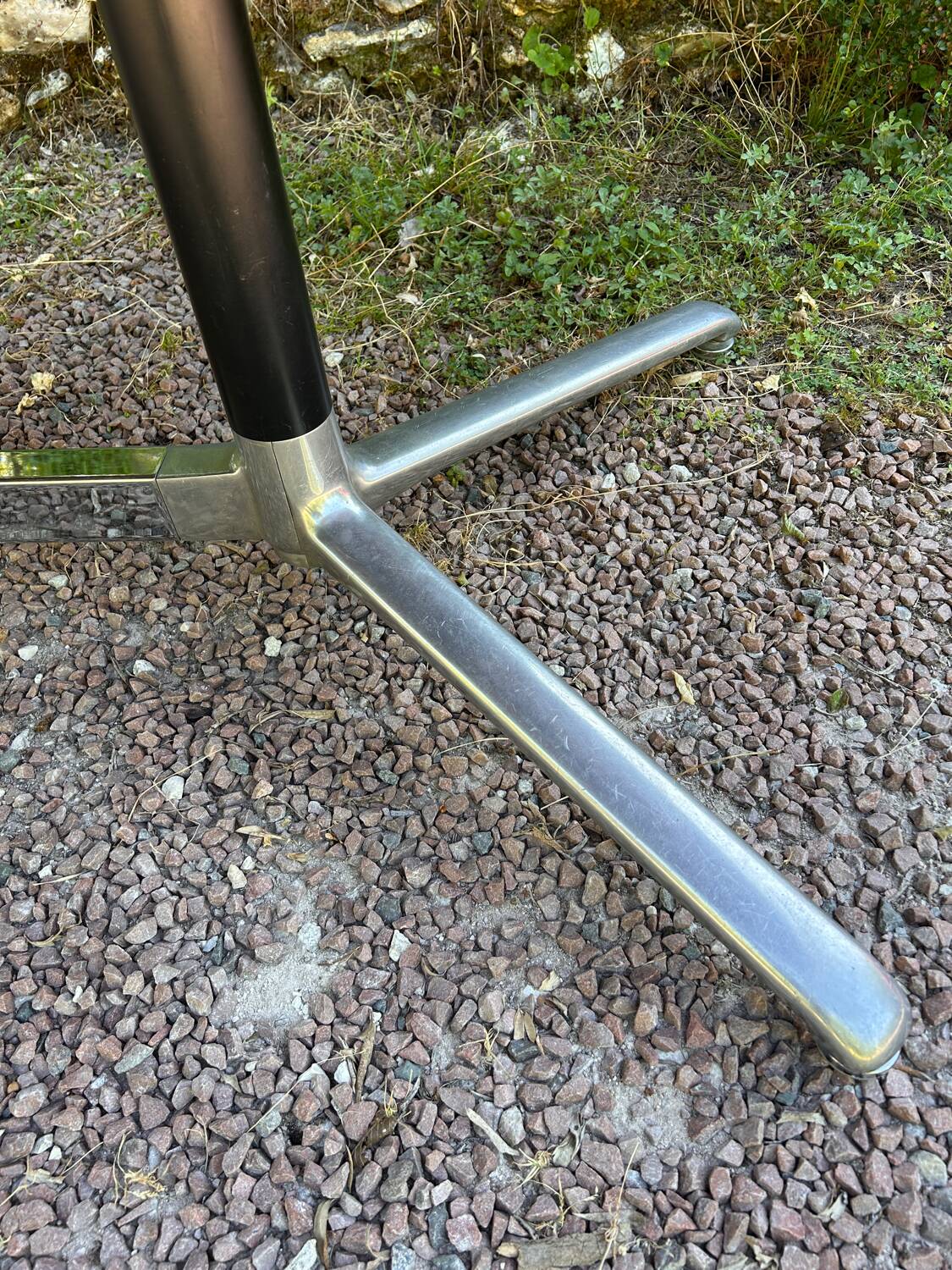 Vintage oval wooden and metal dining table from the 60s and 70s