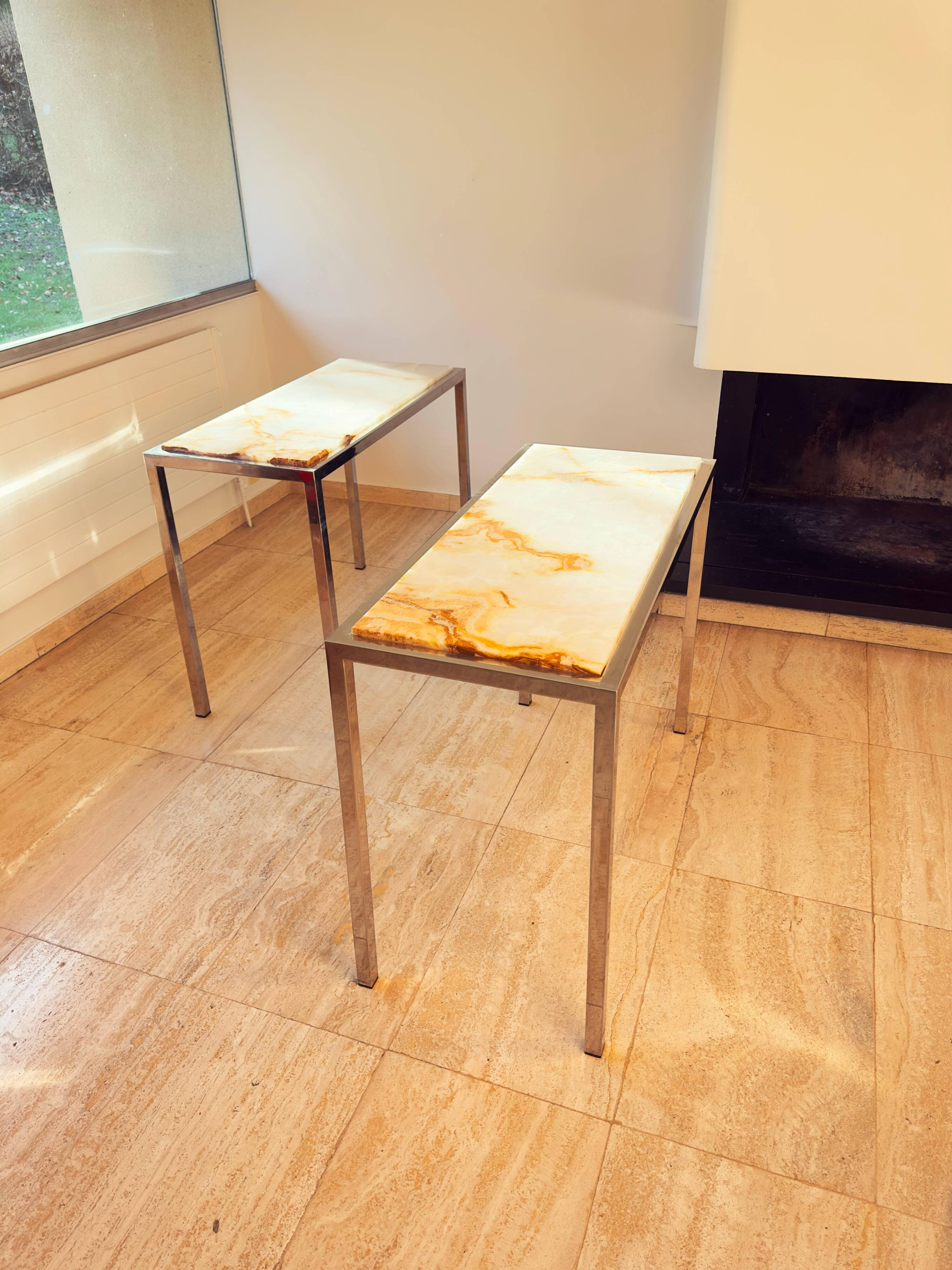 Pair of Italian Console Tables in Marble and Chrome, 1970s
