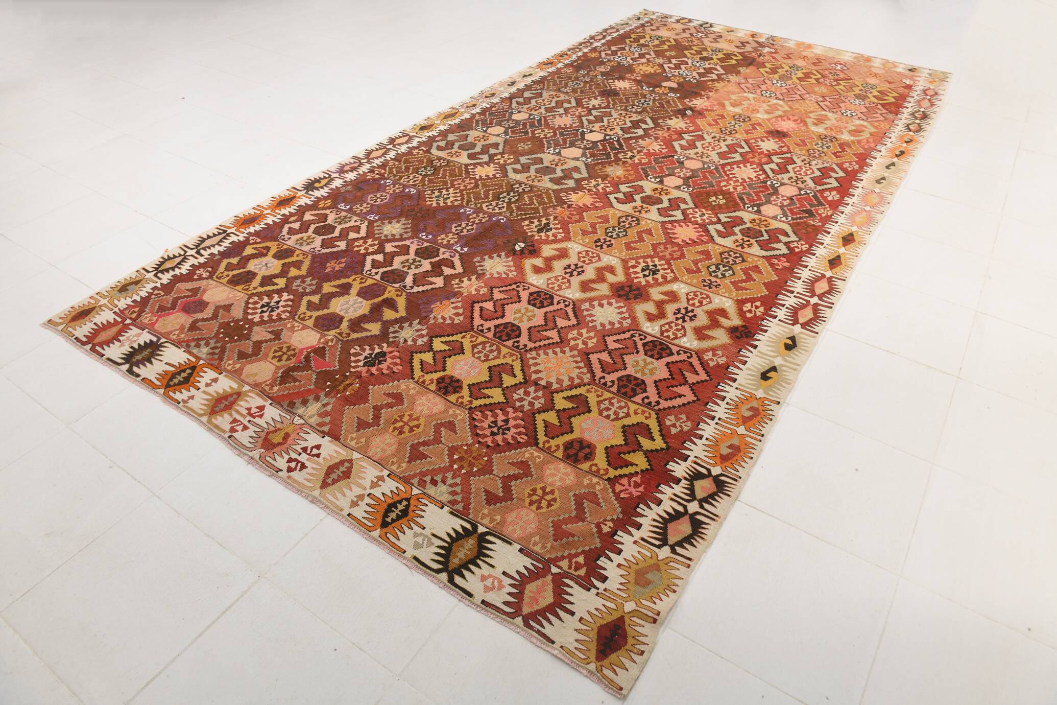 Tapis Kilim couleur terre cuite 212x438Cm, tapis en laine tissé à la main, tapis Oushak