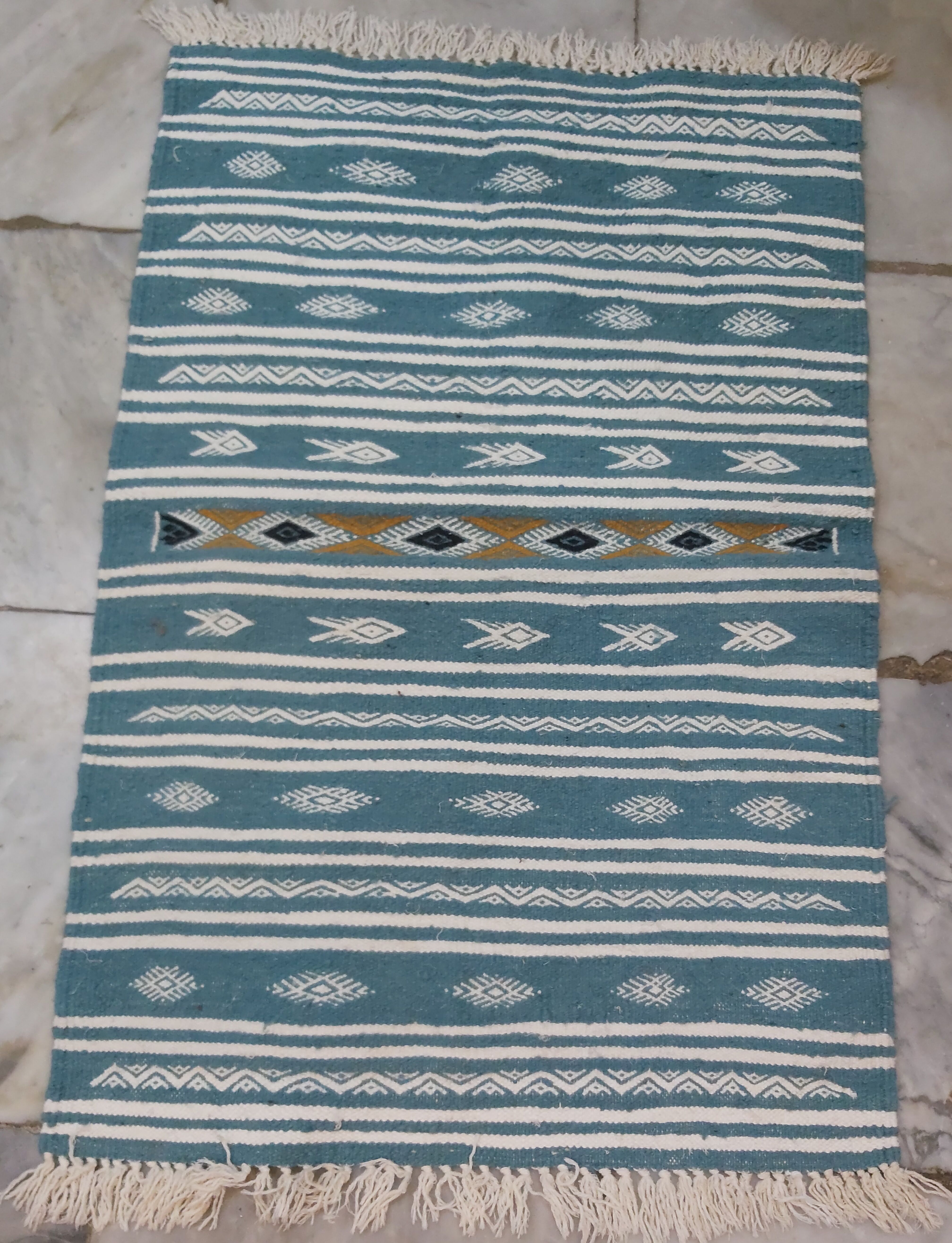 Handmade blue and white Berber carpet in pure wool